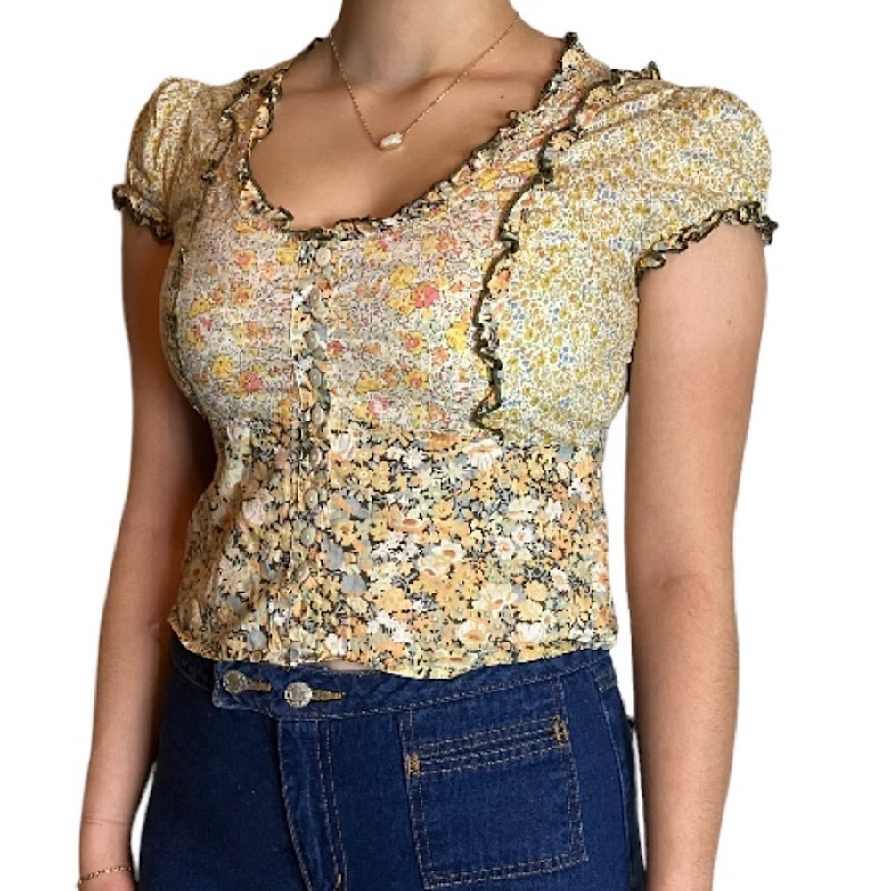 Saks Fifth Avenue Cottage Core Floral Ruffle Peasant Top